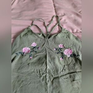 Floral Embroidered Green Tank